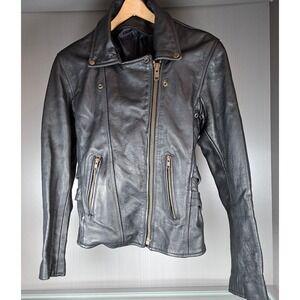Womens Black Genuine Leather Moto Biker Jacket M YKK Buckle Back Vintage